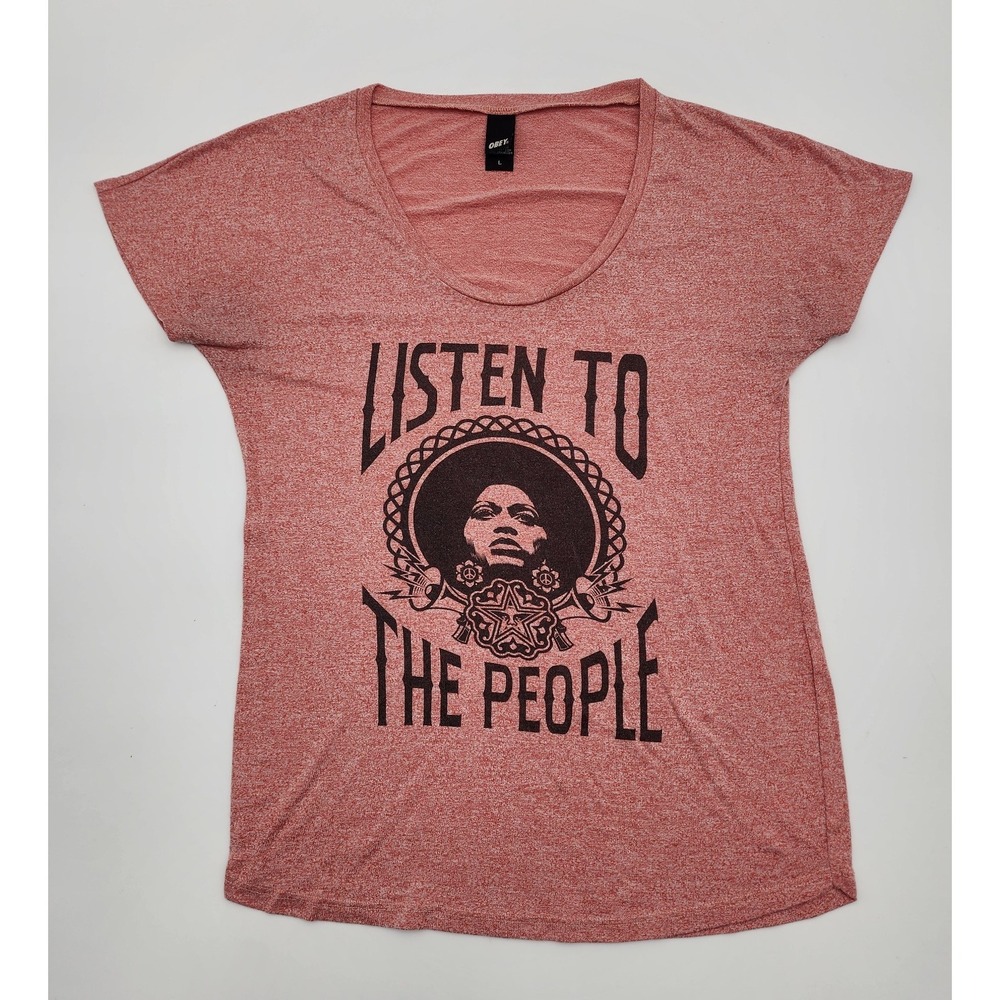 Obey Women Shirt L Pink Graphic Print Tee Logo Scoop Neck Pullover